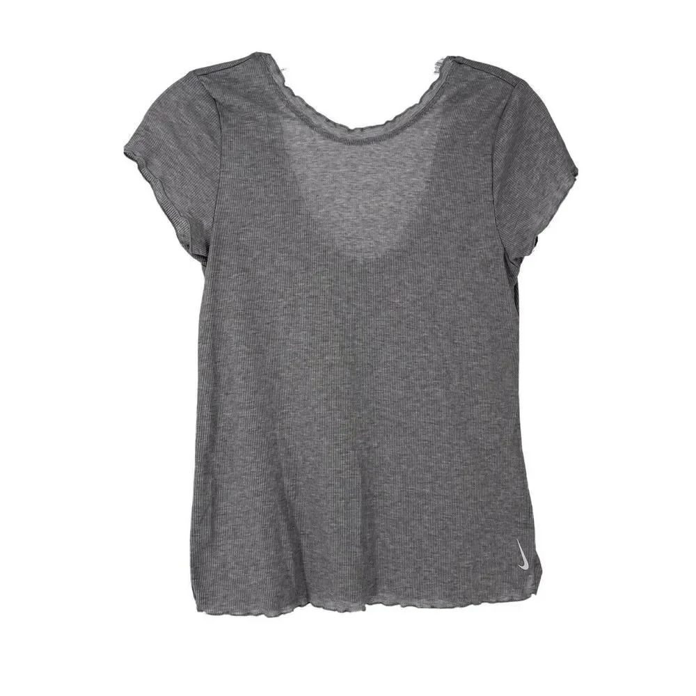 Nike Dri Fit Ruffle Trim Ribbed Top Short Sleeve Scoop Back Gray Womens Size XS